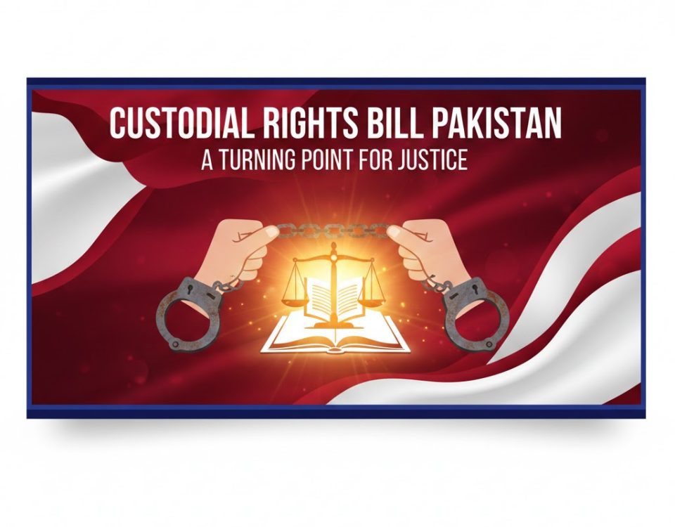 Custodial Rights Bill Pakistan logo showing hands breaking handcuffs over a glowing open law book and scales of justice, set against a red and white flag backdrop.