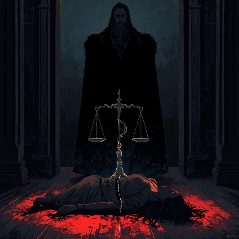 Symbolic illustration of the Zahir Jaffer Case: Power figure, broken scale of justice, and victim silhouette.