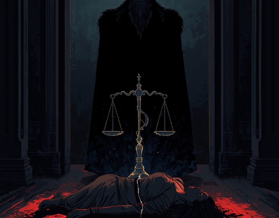Symbolic illustration of the Zahir Jaffer Case: Power figure, broken scale of justice, and victim silhouette.