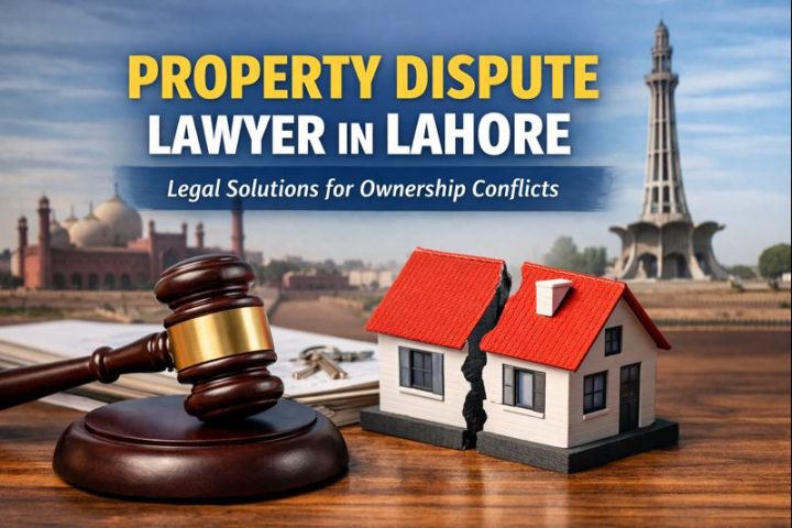 Property dispute lawyer concept showing a gavel and divided house representing ownership conflicts in Lahore