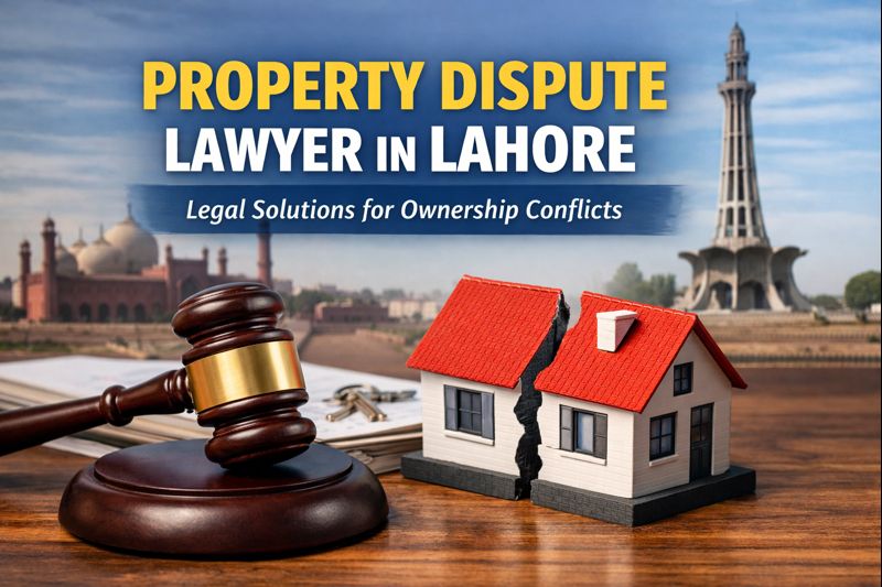 Property dispute lawyer concept showing a gavel and divided house representing ownership conflicts in Lahore
