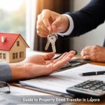Lawyer transferring property deed in Lahore, handing house keys to client with legal documents on desk.