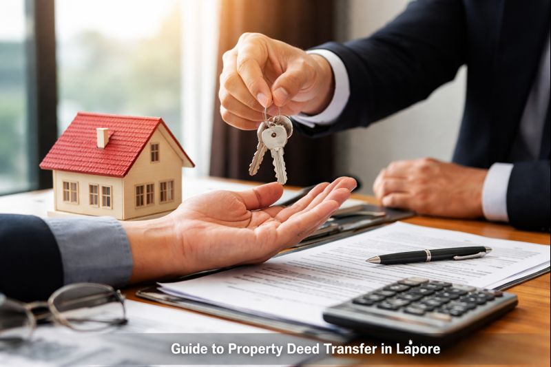 Lawyer transferring property deed in Lahore, handing house keys to client with legal documents on desk.
