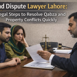 Pakistani couple consulting a land dispute lawyer in Lahore regarding qabza and property conflict resolution