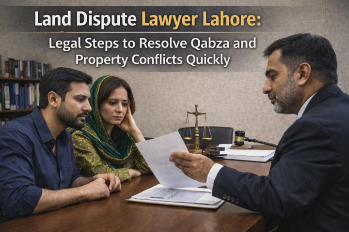 Pakistani couple consulting a land dispute lawyer in Lahore regarding qabza and property conflict resolution