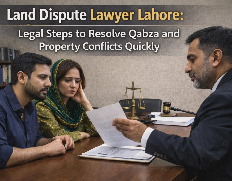 Pakistani couple consulting a land dispute lawyer in Lahore regarding qabza and property conflict resolution