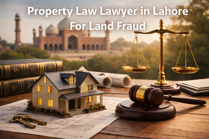 Property law lawyer in Lahore for land fraud with house model, gavel, scales of justice and legal documents