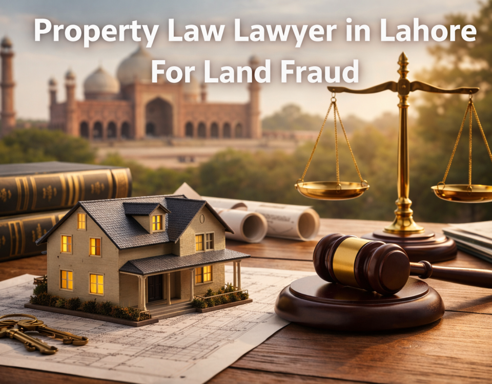 Property law lawyer in Lahore for land fraud with house model, gavel, scales of justice and legal documents