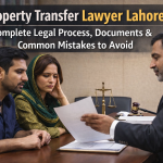 Pakistani couple consulting a property transfer lawyer in Lahore about legal documents and property registration process