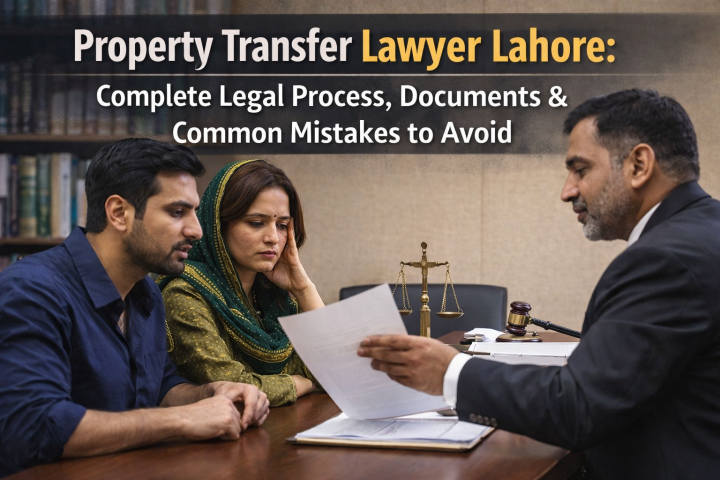 Pakistani couple consulting a property transfer lawyer in Lahore about legal documents and property registration process
