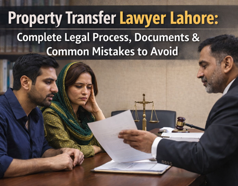 Pakistani couple consulting a property transfer lawyer in Lahore about legal documents and property registration process